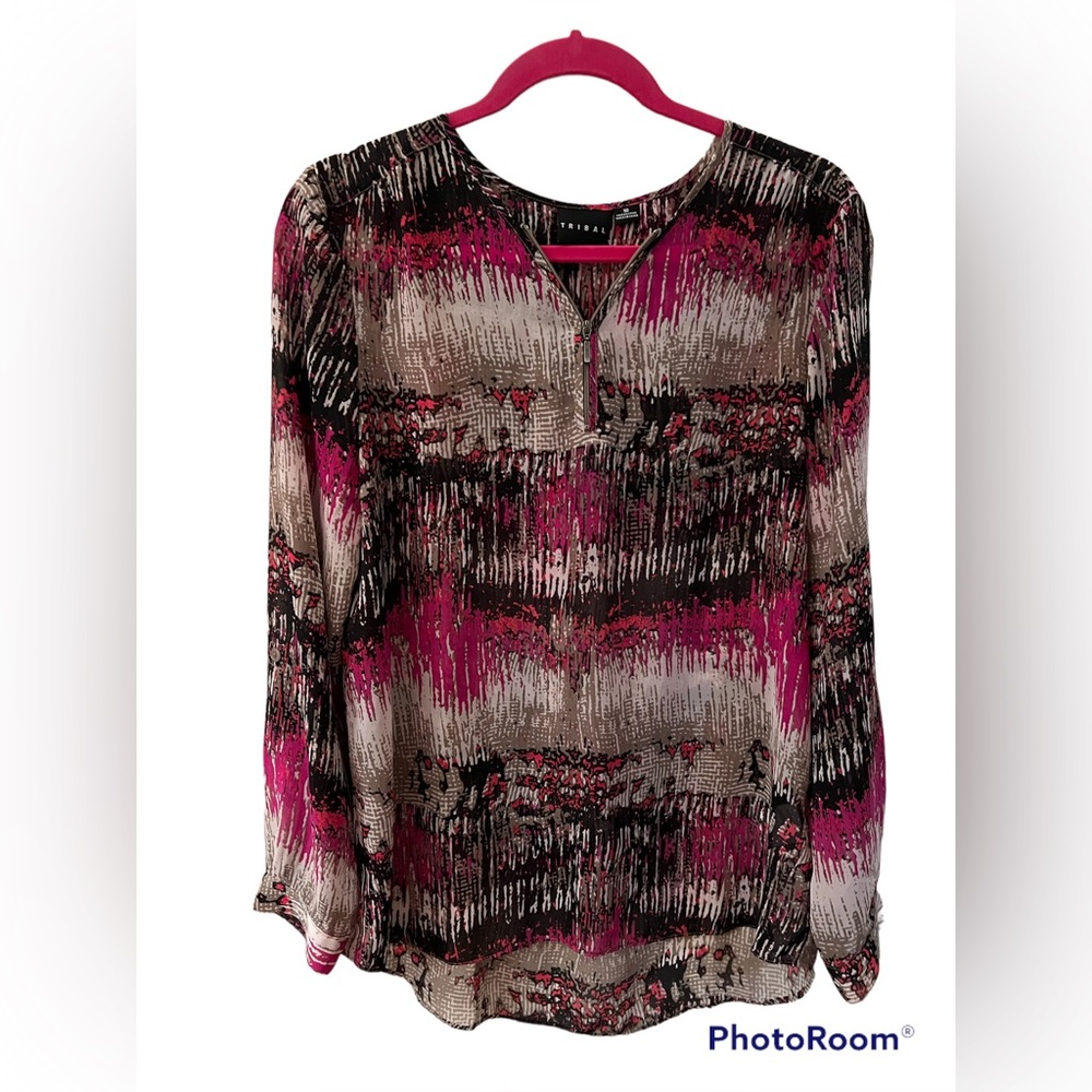 Tribal Zip Neck Abstract Print Blouse Fuchsia Pink